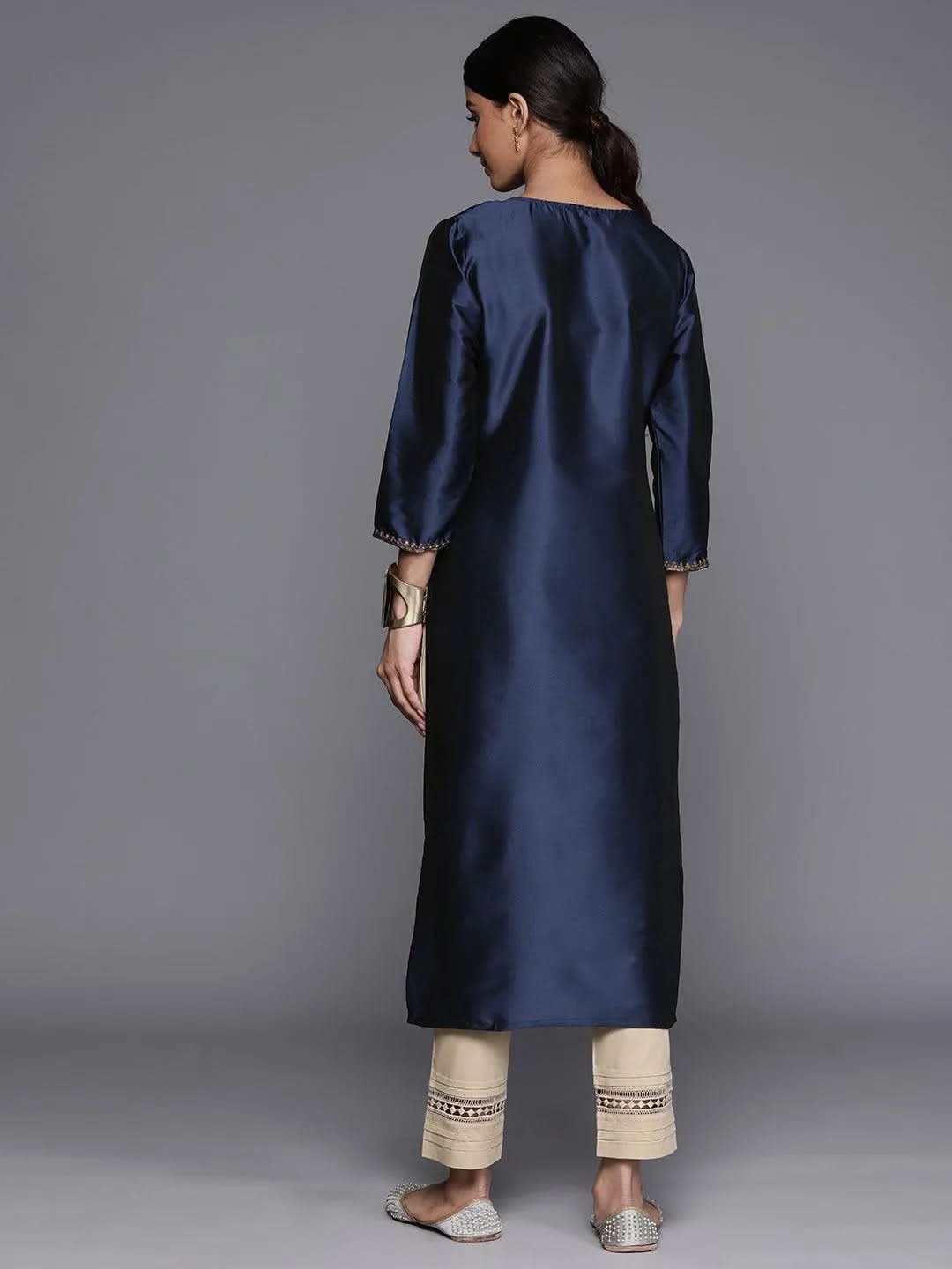 Navy Blue Yoke Design Silk Straight Kurta - Libas