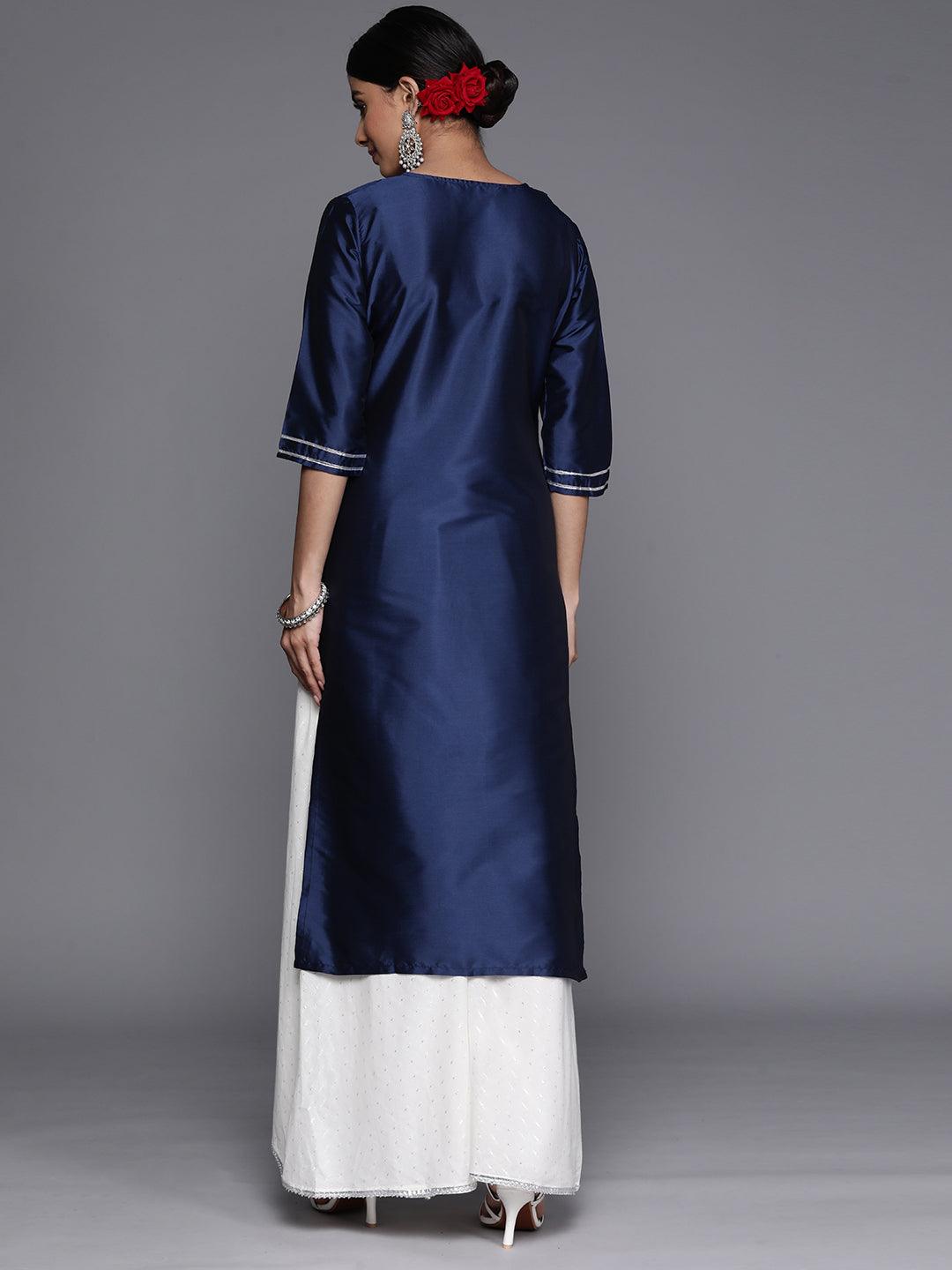 Navy Blue Yoke Design Silk Straight Kurta - Libas