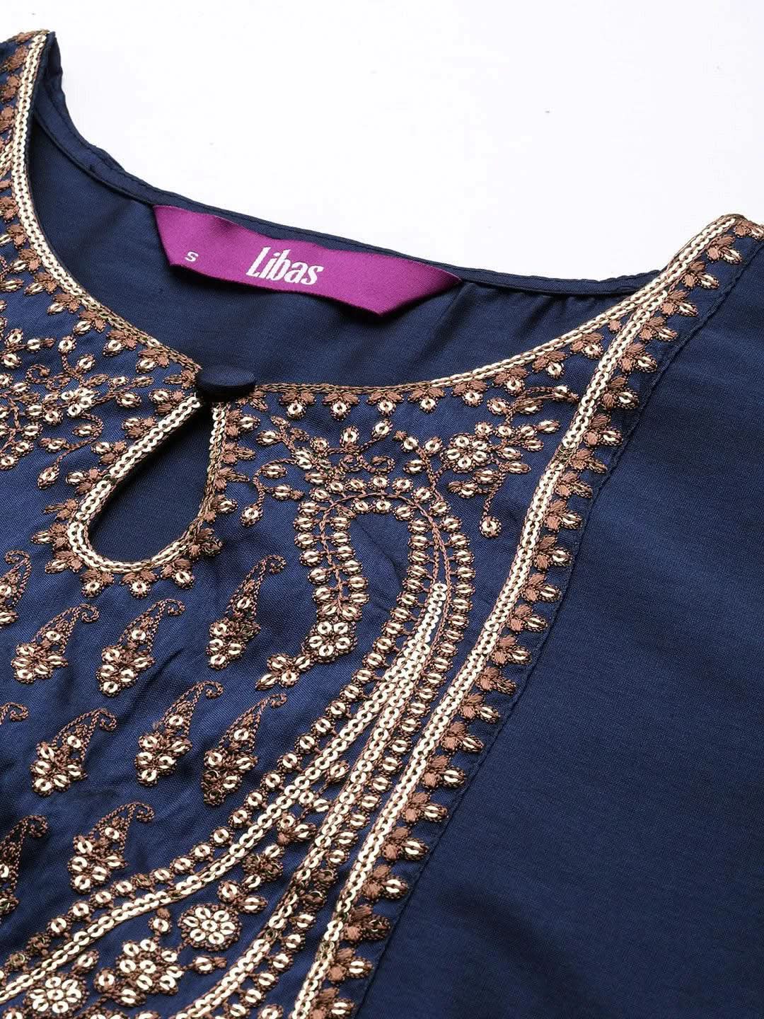 Navy Blue Yoke Design Silk Straight Kurta - Libas 