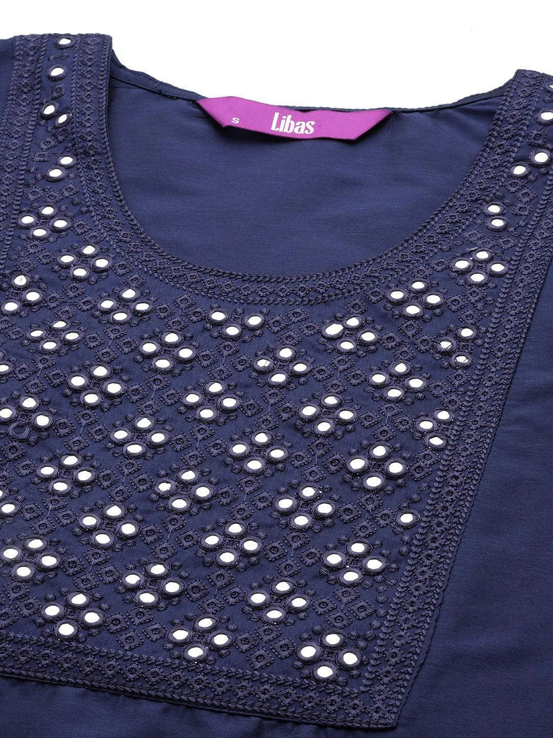 Navy Blue Yoke Design Silk Straight Kurta - Libas 