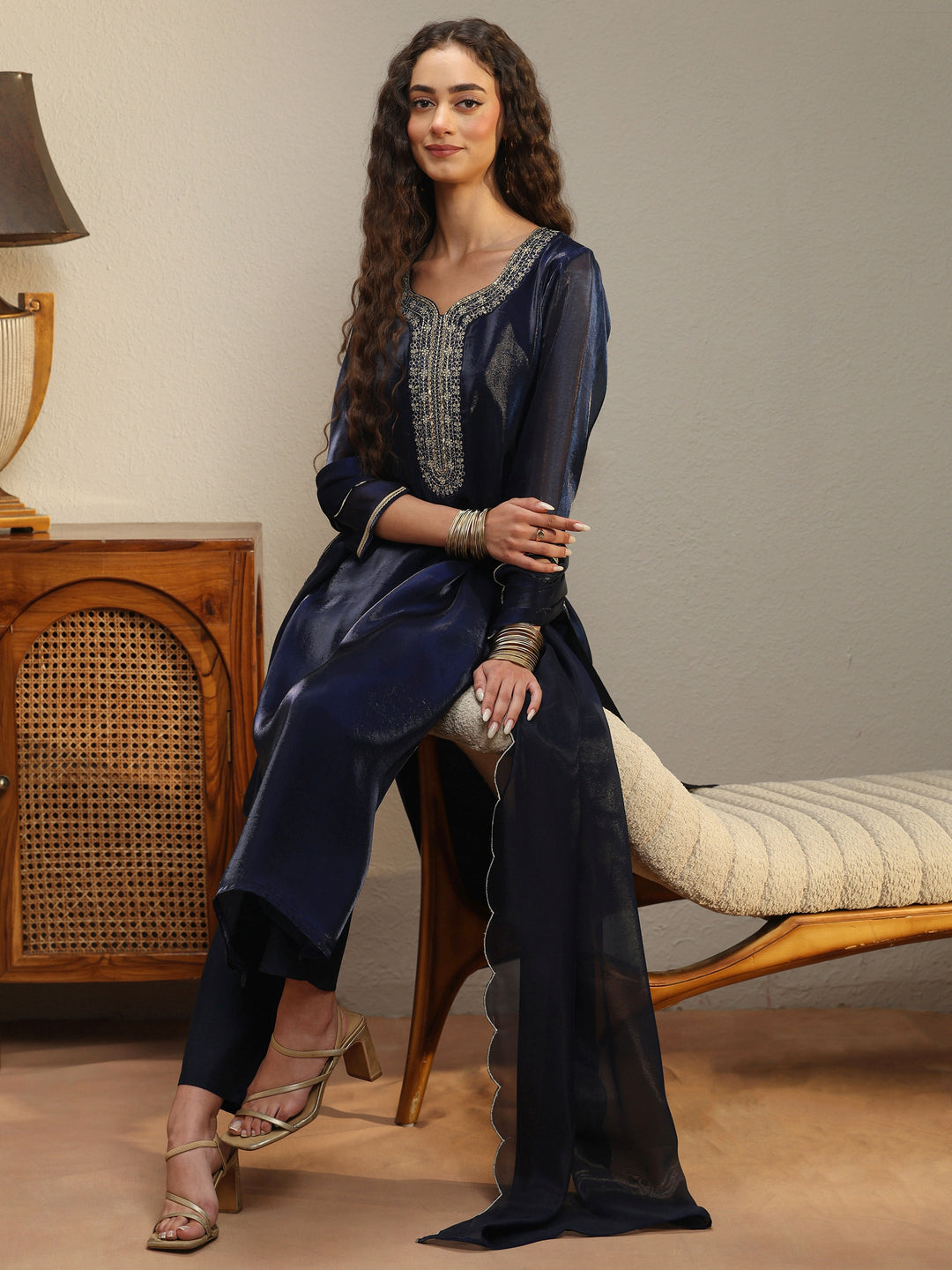  Navy Blue Yoke Design Tissue Straight Suit Set 