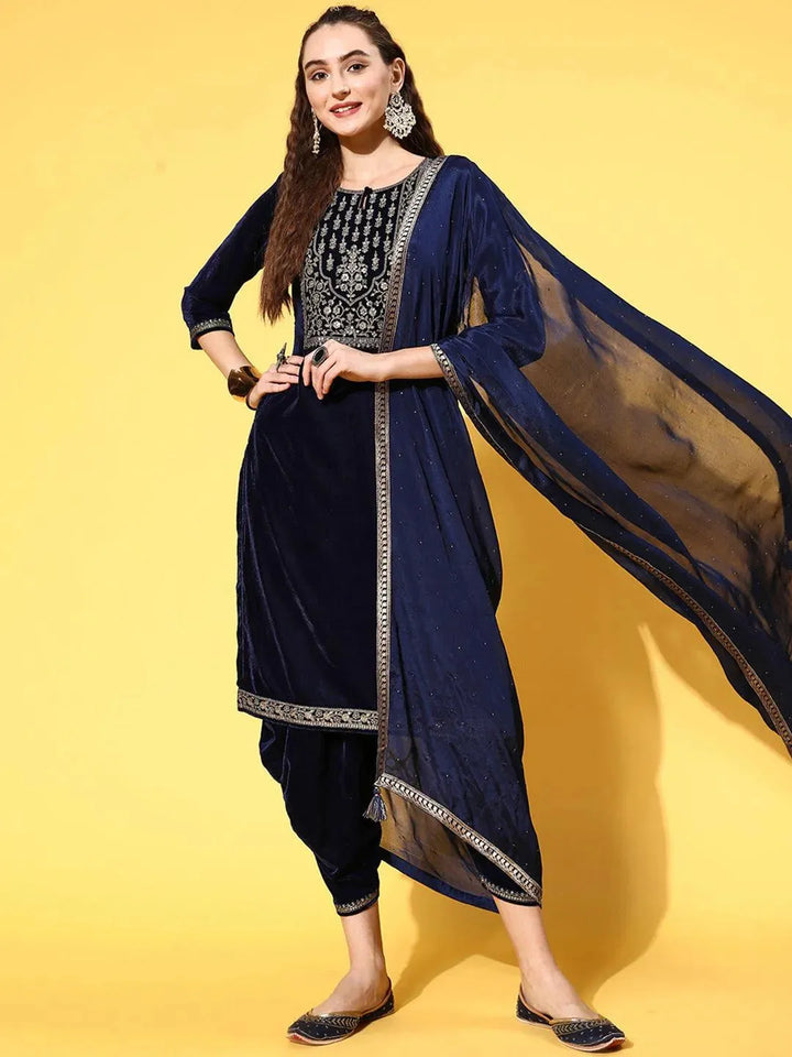 Navy Blue Yoke Design Velvet Straight Suit Set - Libas