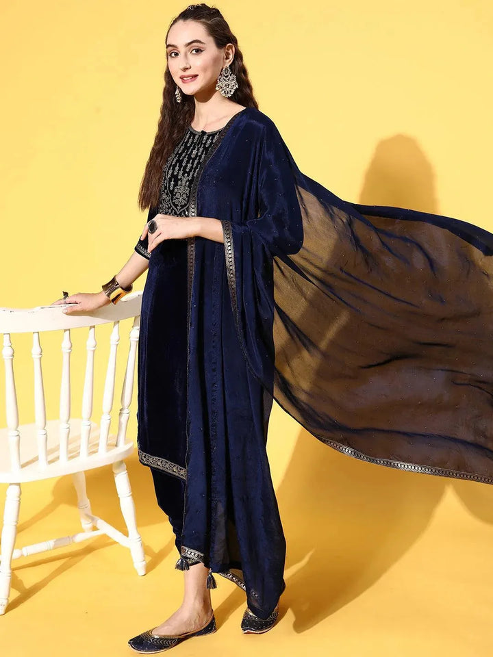 Navy Blue Yoke Design Velvet Straight Suit Set - Libas