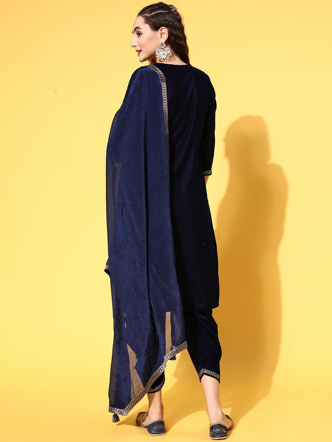 Navy Blue Yoke Design Velvet Straight Suit Set - Libas