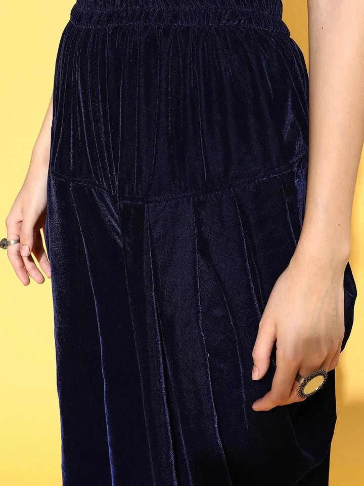 Navy Blue Yoke Design Velvet Straight Suit Set - Libas
