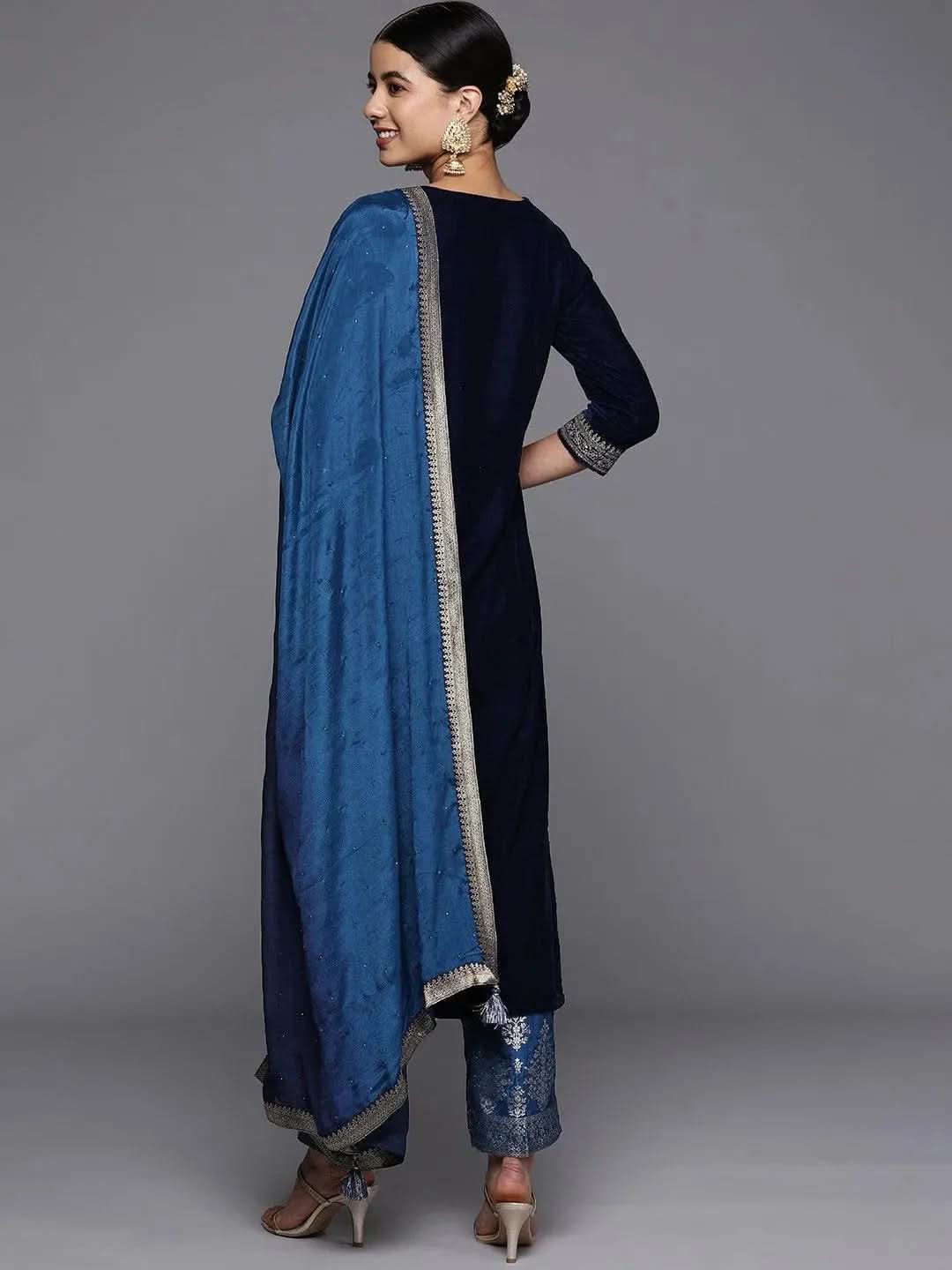

Navy Blue Yoke Design Velvet Straight Kurta With Dupatta