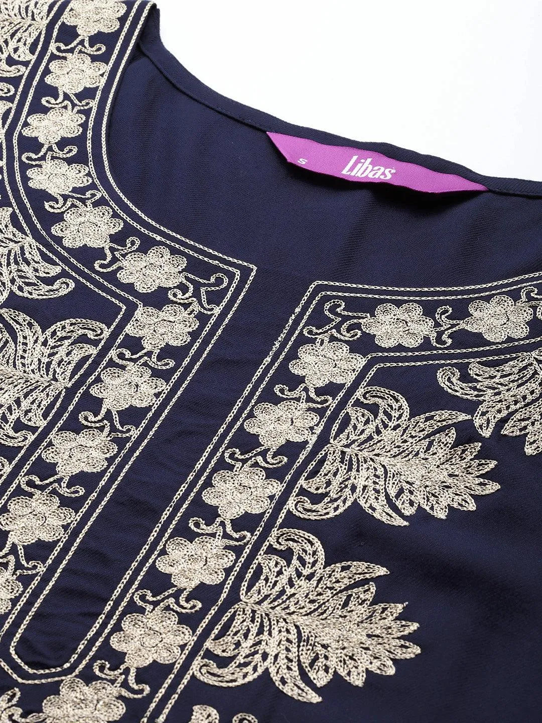 Navy Blue Yoke Design Wool Blend Straight Kurta With Palazzos - Libas 