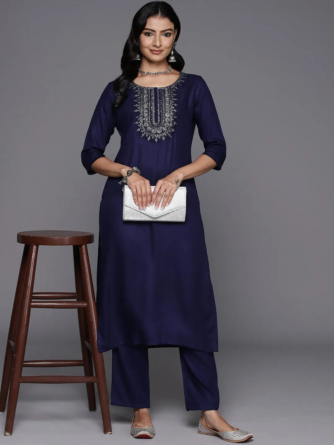 Navy Blue Yoke Design Wool Blend Straight Kurta With Trousers - Libas