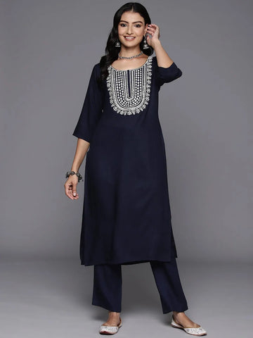 Blue Yoke Design Wool Blend Straight Kurta Set
