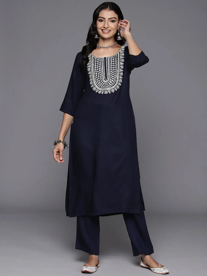 Navy Blue Yoke Design Wool Blend Straight Kurta With Trousers - Libas