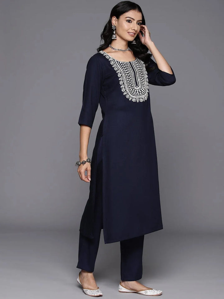 Navy Blue Yoke Design Wool Blend Straight Kurta With Trousers - Libas