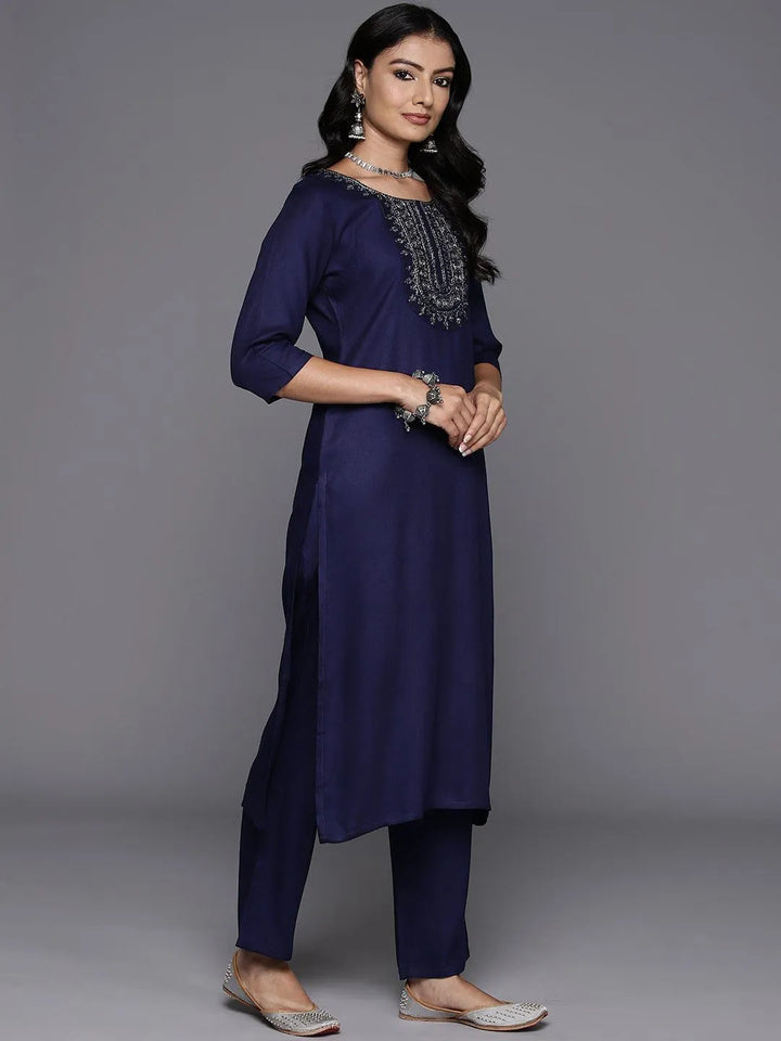 Navy Blue Yoke Design Wool Blend Straight Kurta With Trousers - Libas