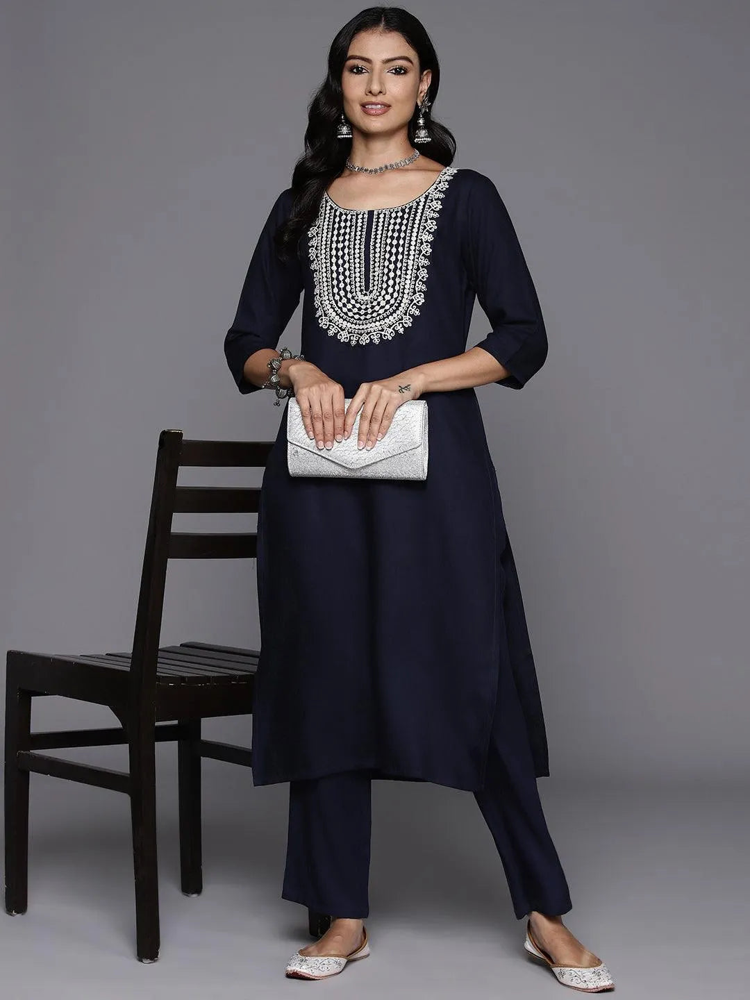 Navy Blue Yoke Design Wool Blend Straight Kurta With Trousers - Libas 