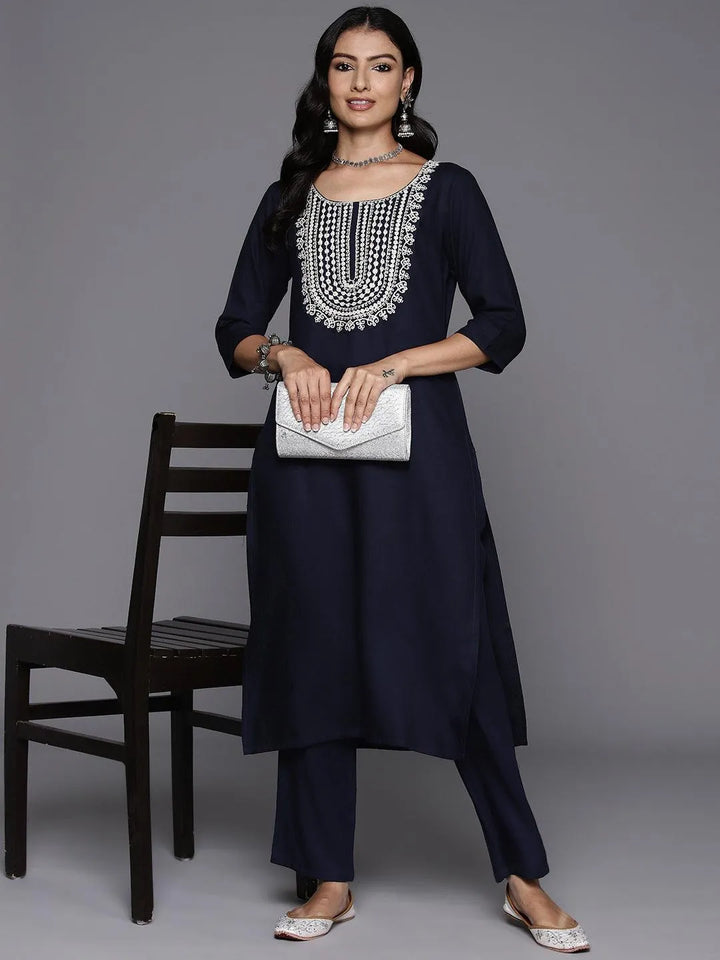 Navy Blue Yoke Design Wool Blend Straight Kurta With Trousers - Libas