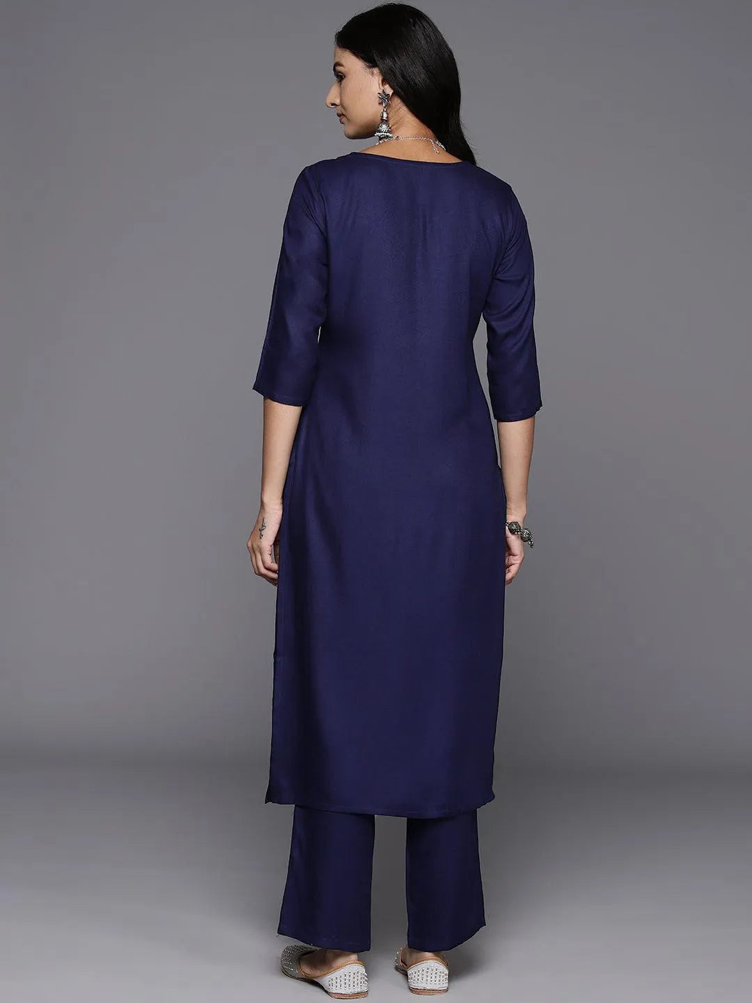 Navy Blue Yoke Design Wool Blend Straight Kurta With Trousers - Libas