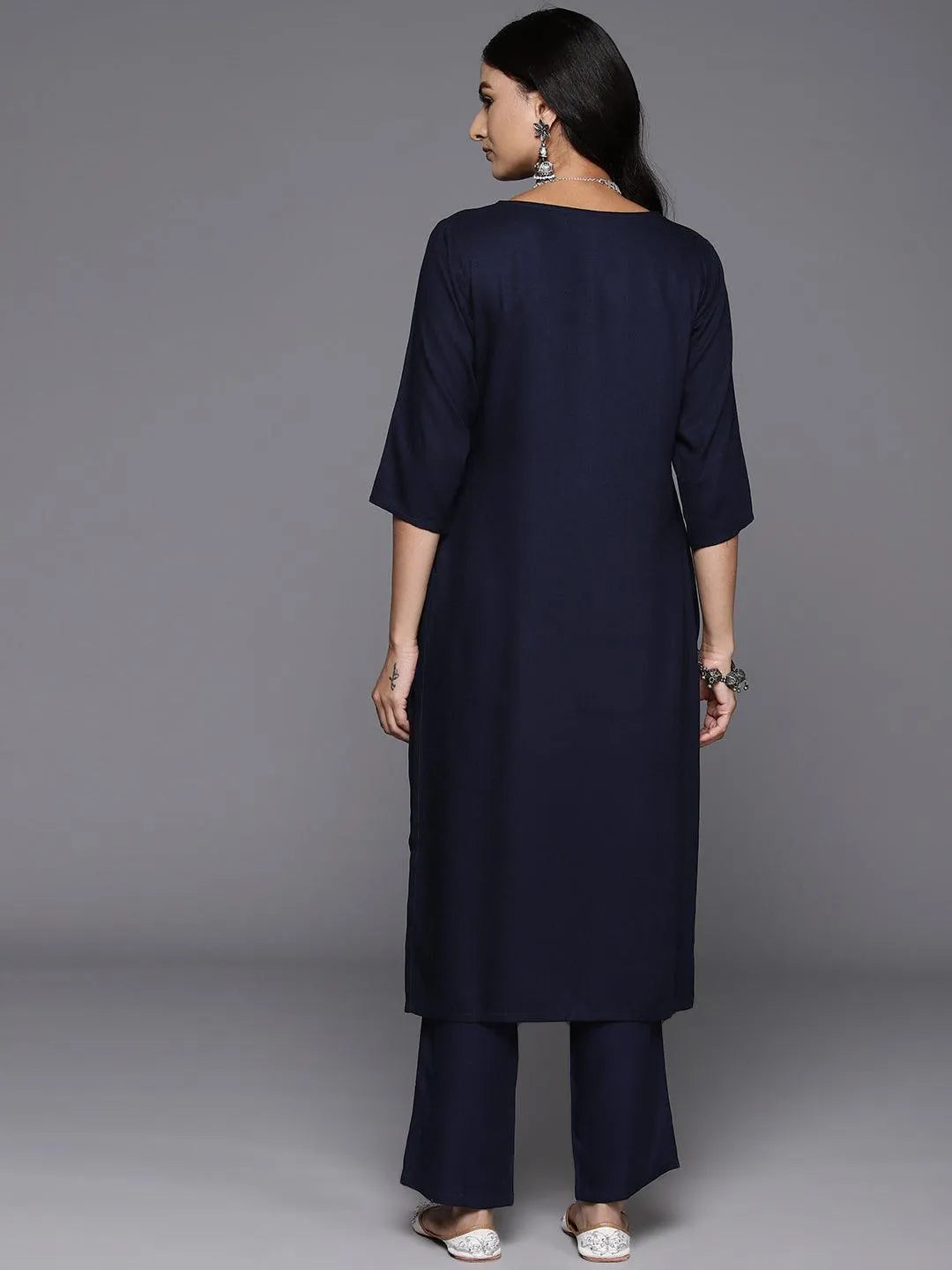 Navy Blue Yoke Design Wool Blend Straight Kurta With Trousers - Libas 