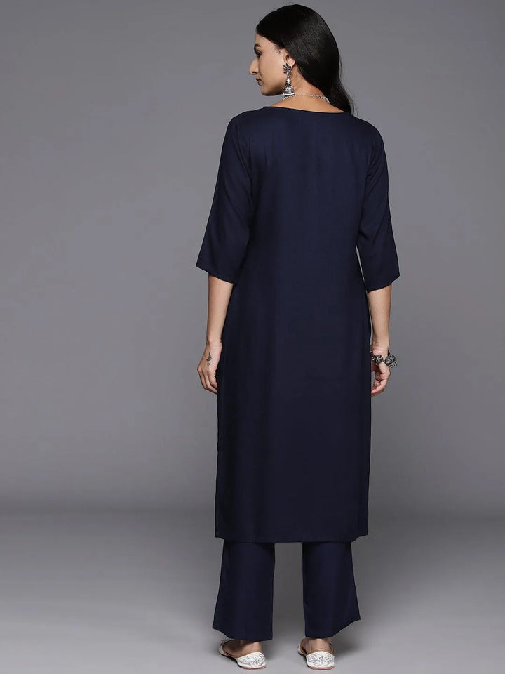 Navy Blue Yoke Design Wool Blend Straight Kurta With Trousers - Libas