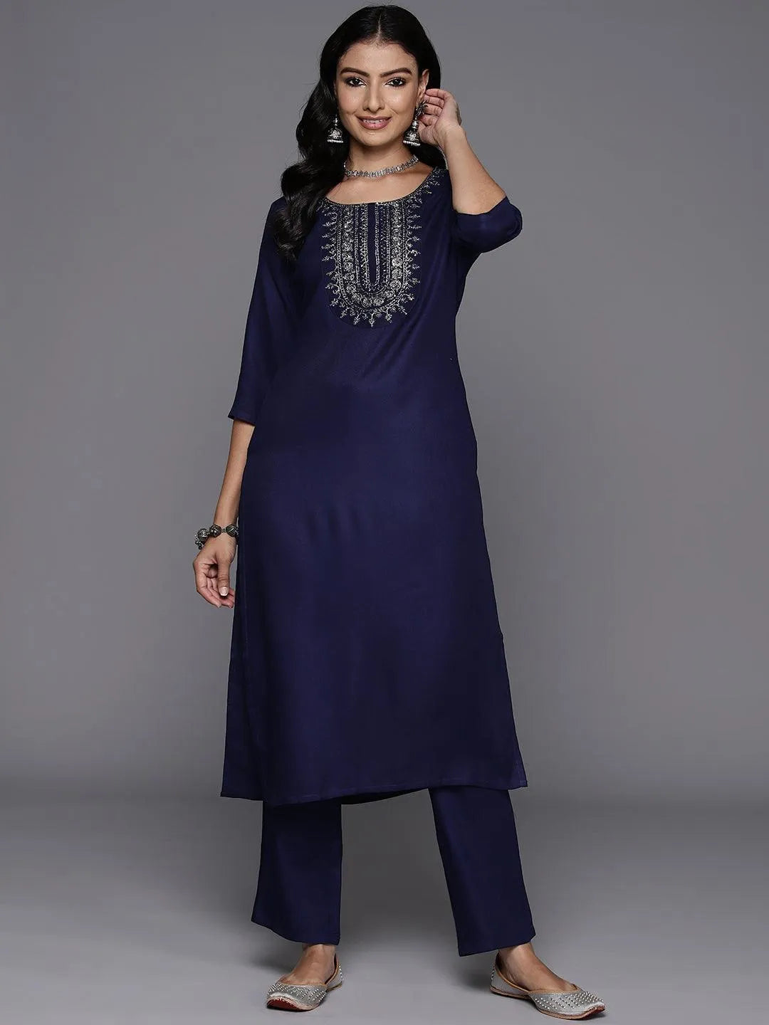 Navy Blue Yoke Design Wool Blend Straight Kurta With Trousers - Libas