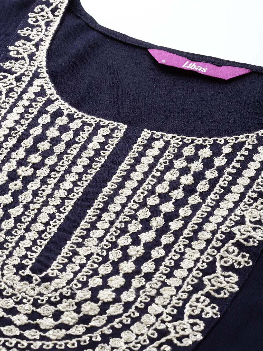 Navy Blue Yoke Design Wool Blend Straight Kurta With Trousers - Libas 