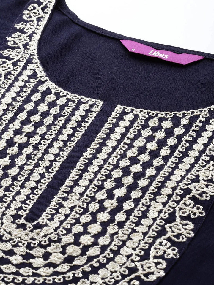 Navy Blue Yoke Design Wool Blend Straight Kurta With Trousers - Libas
