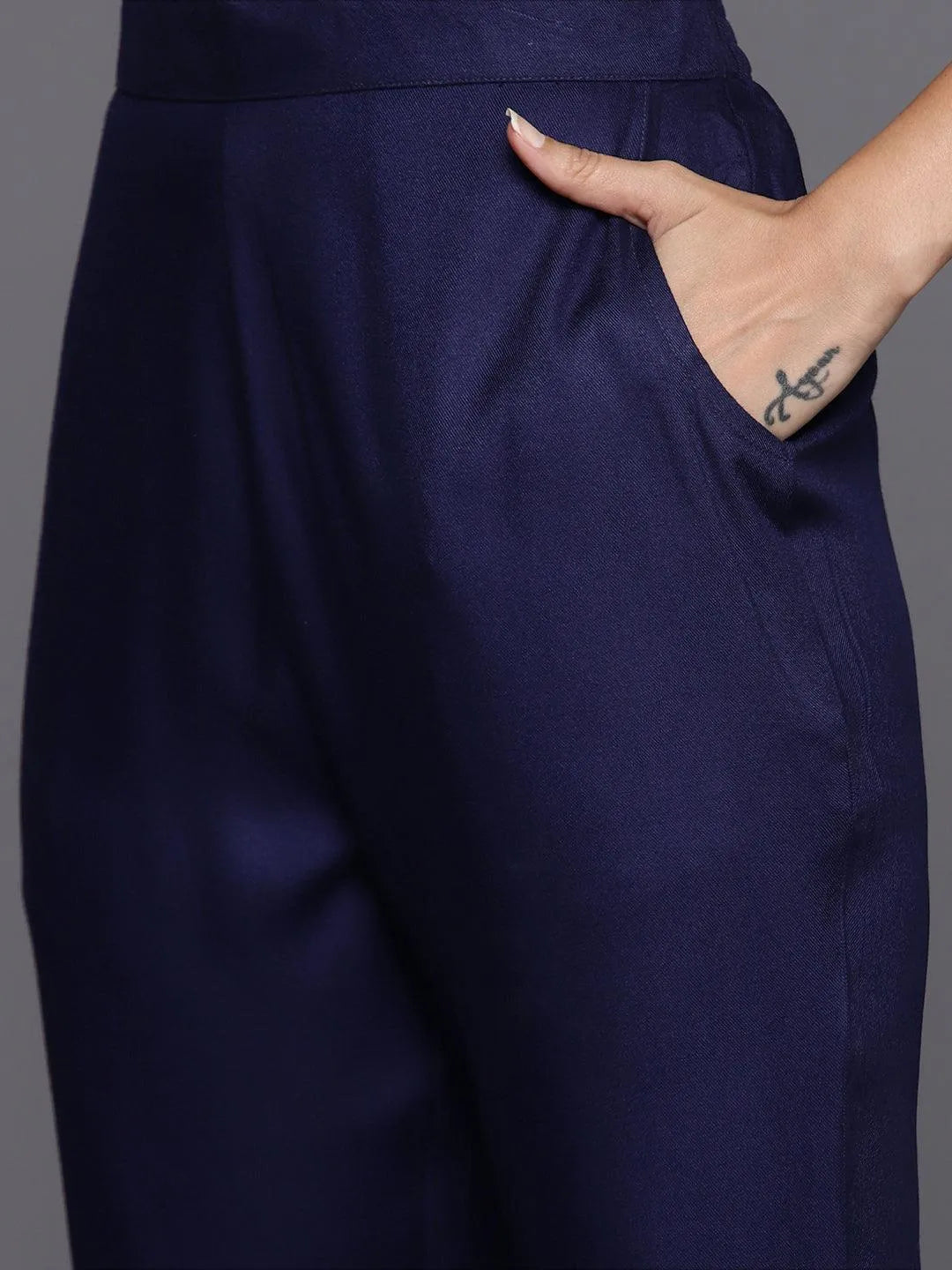 Navy Blue Yoke Design Wool Blend Straight Kurta With Trousers - Libas 