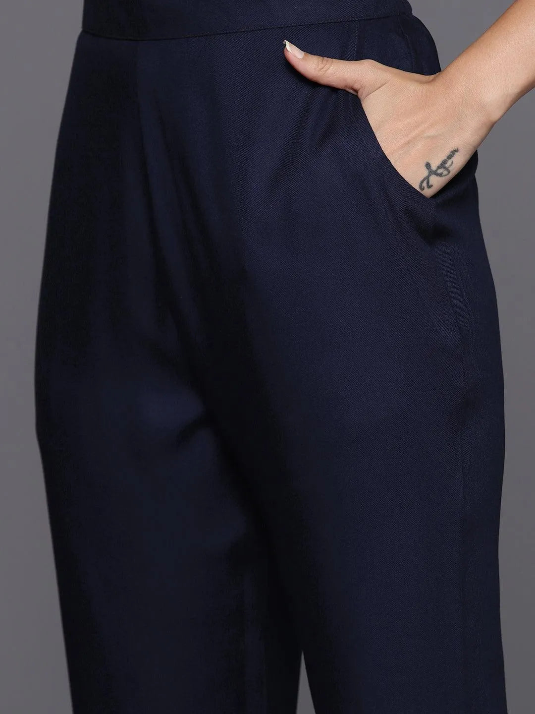 Navy Blue Yoke Design Wool Blend Straight Kurta With Trousers - Libas 