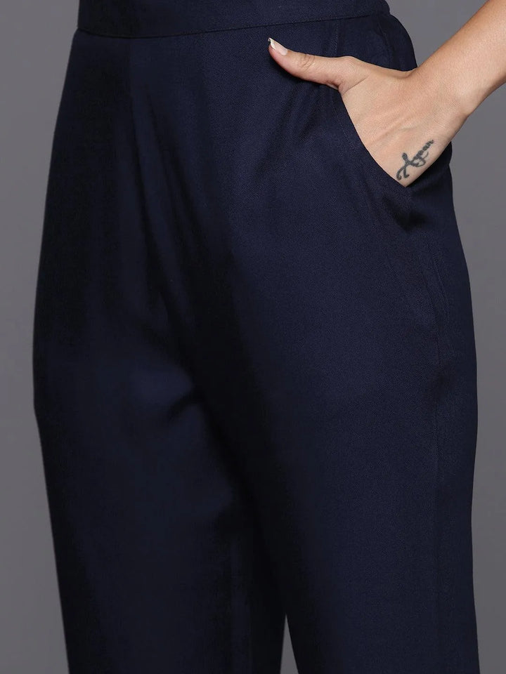 Navy Blue Yoke Design Wool Blend Straight Kurta With Trousers - Libas