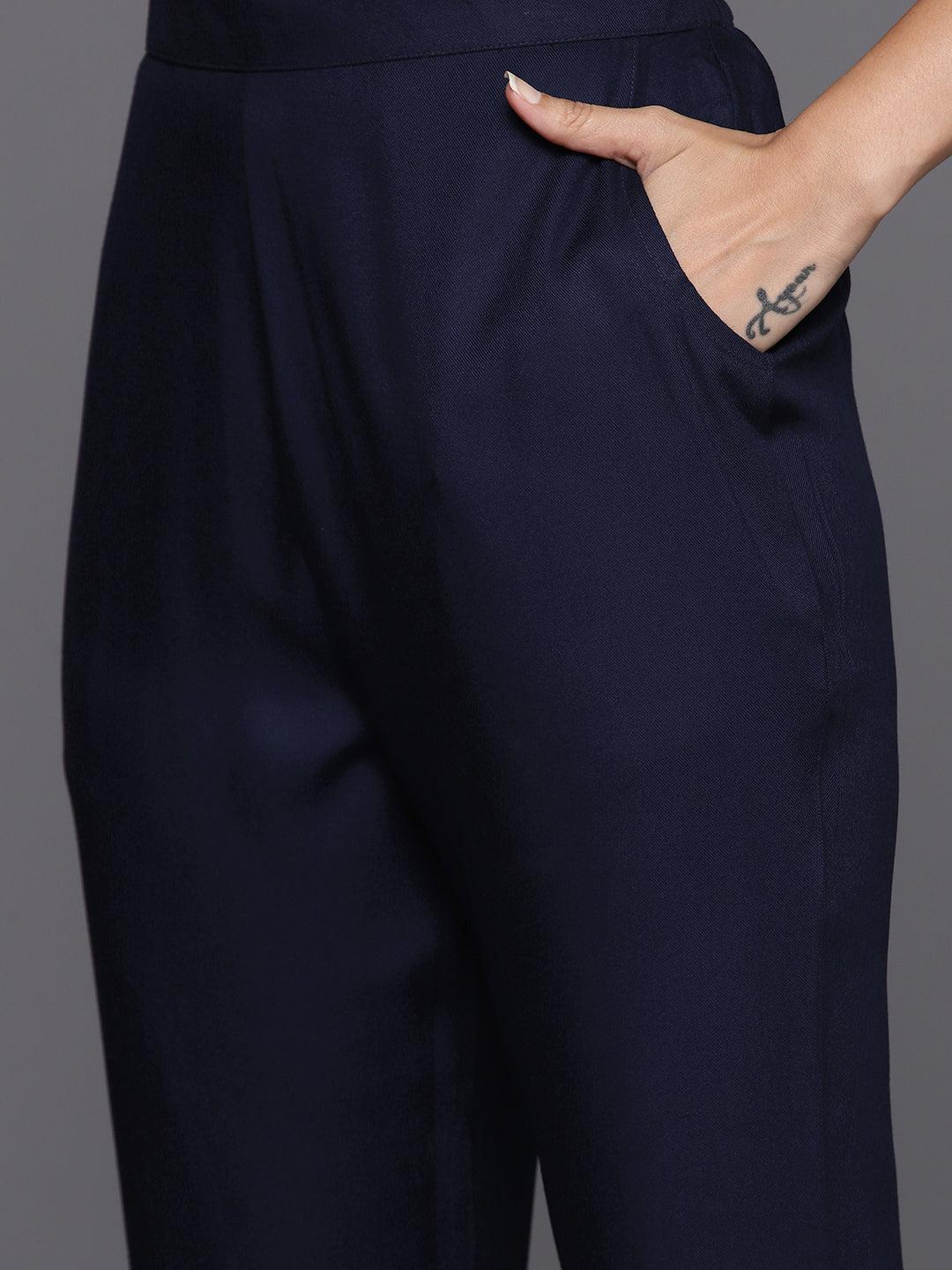Navy Blue Yoke Design Wool Blend Straight Kurta With Trousers - Libas