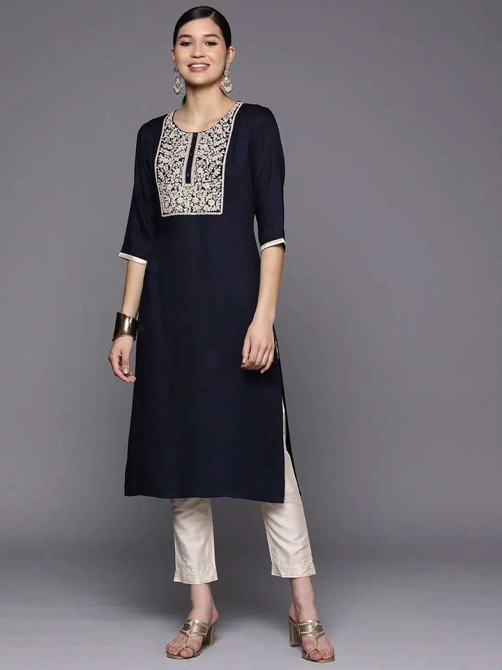 Navy Blue Yoke Design Wool Straight Kurta - Libas