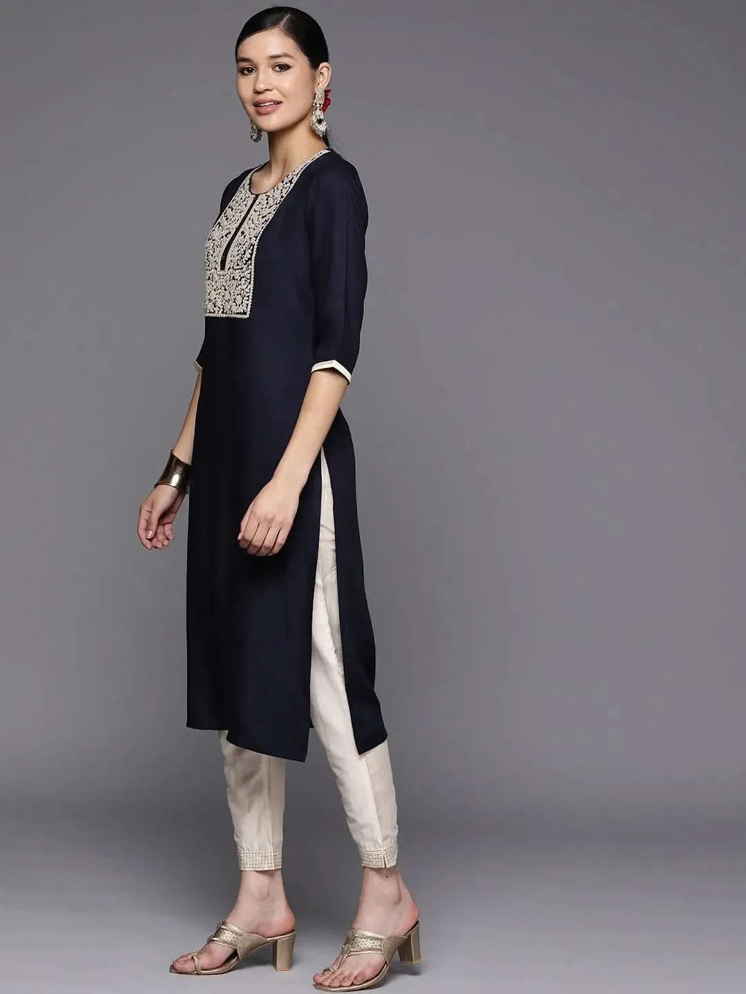Navy Blue Yoke Design Wool Straight Kurta - Libas 