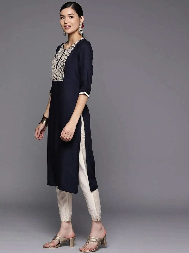 Navy Blue Yoke Design Wool Straight Kurta - Libas