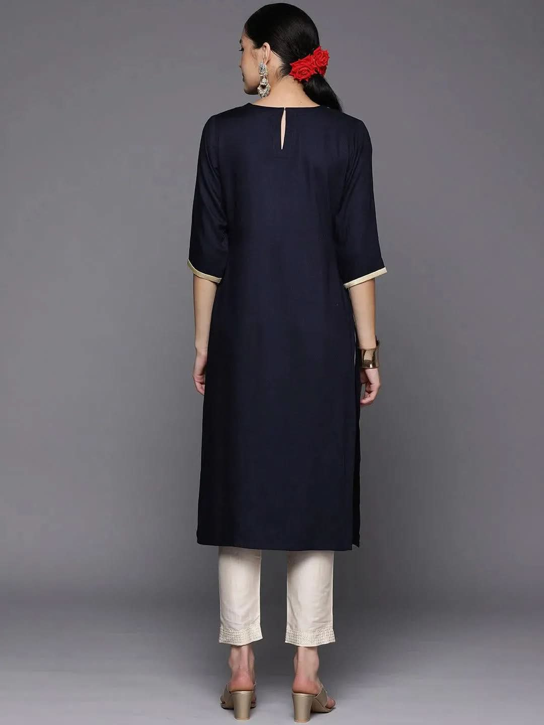 Navy Blue Yoke Design Wool Straight Kurta - Libas