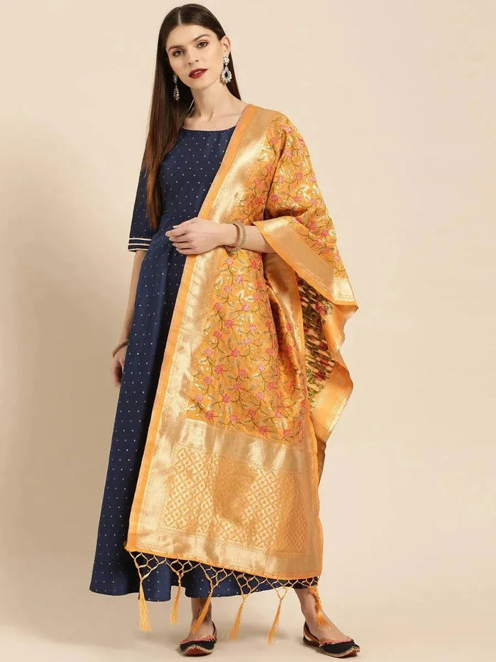 Navy Blue Zari Work Chanderi Dress With Dupatta - Libas