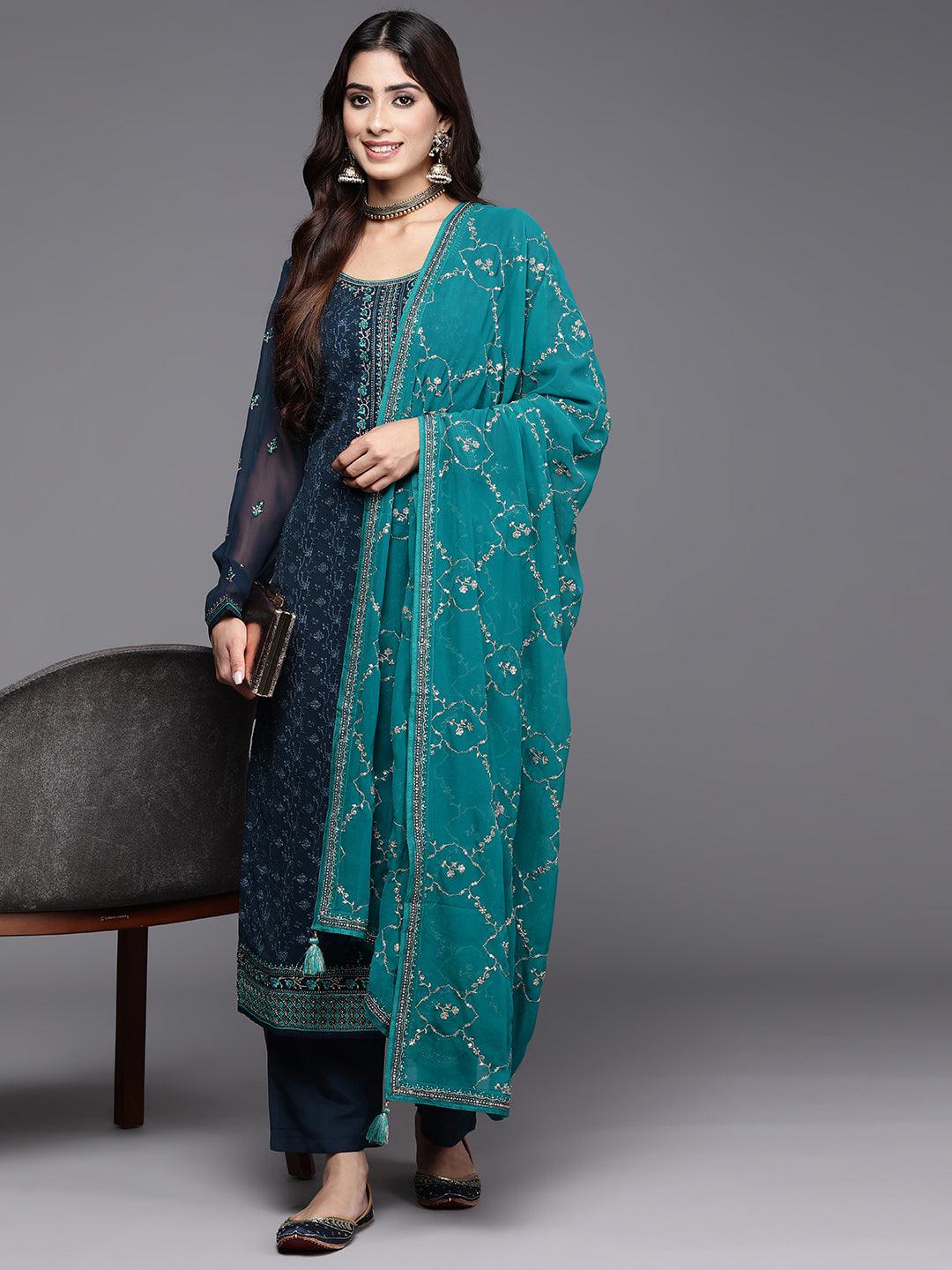Navy Blue Embroidered Georgette Straight Suit With Dupatta