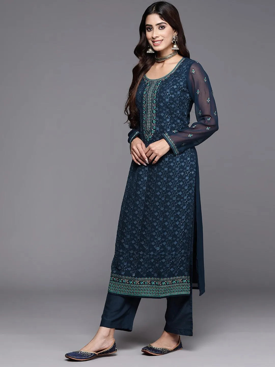 Navy Embroidered Georgette Straight Kurta With Trousers & Dupatta - Libas 