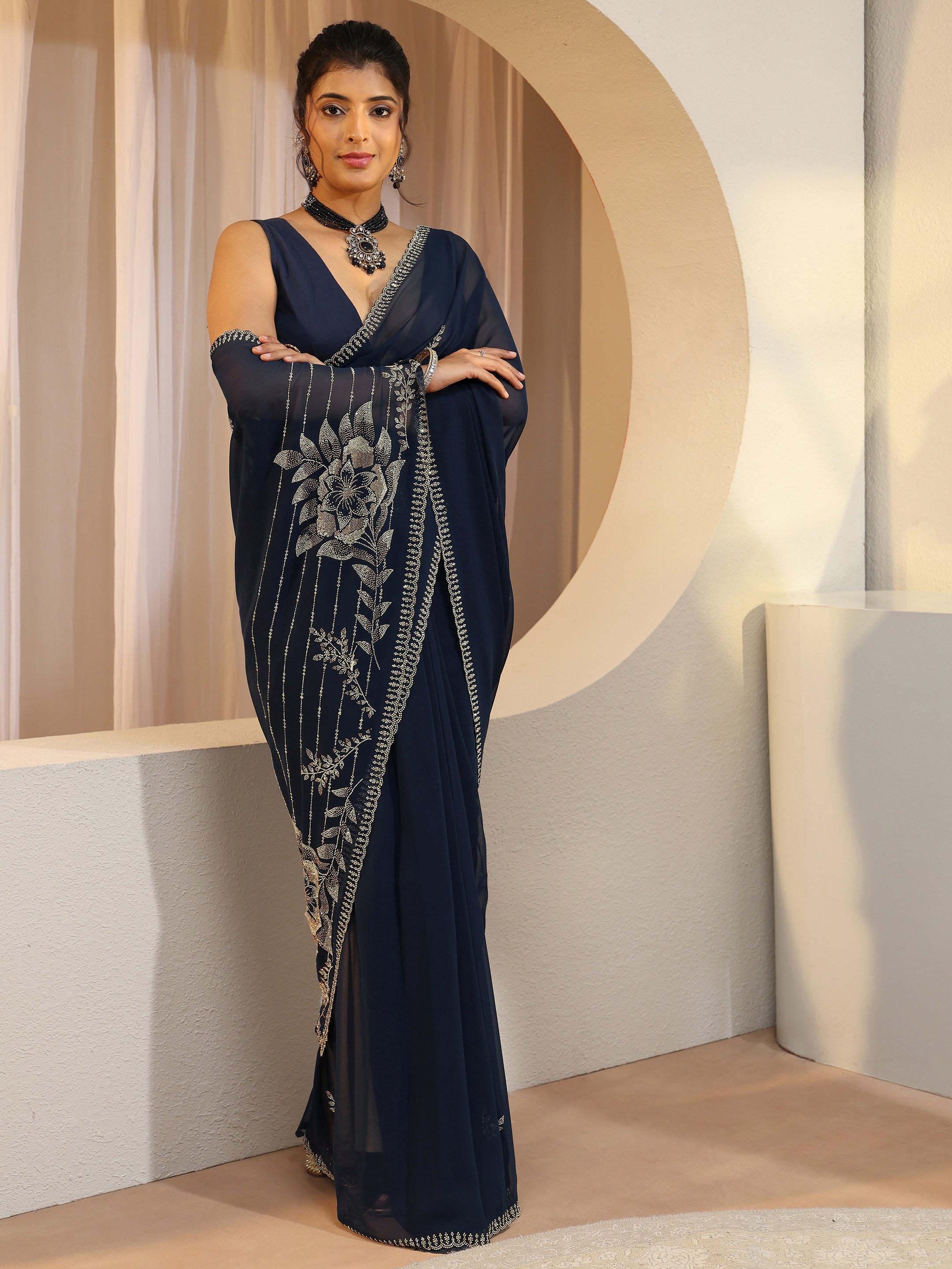 libas Navy Georgette Saree With Floral Embellished Pallu-picture-50
