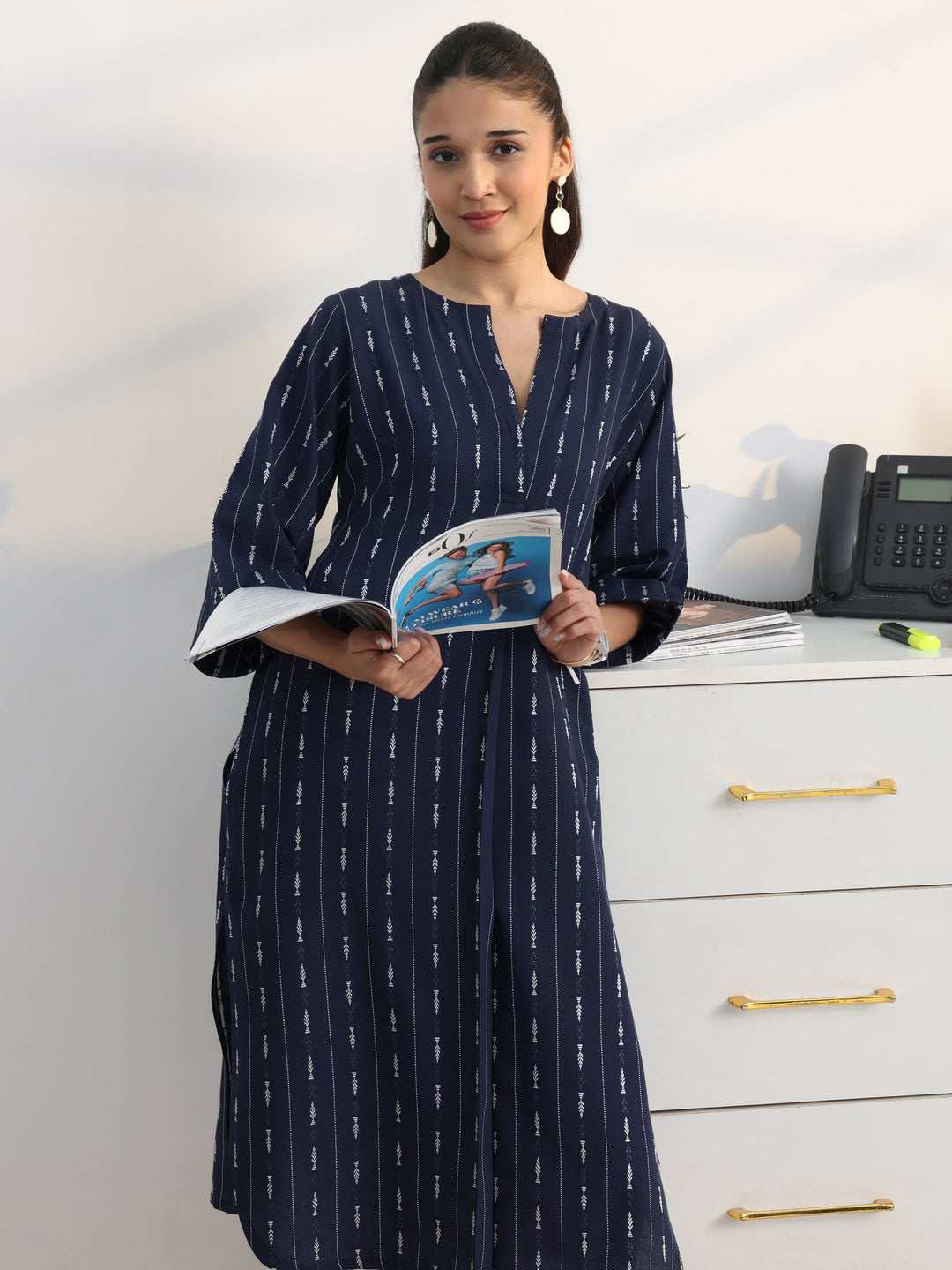Navy Woven Design Cotton Blend Straight Kurta