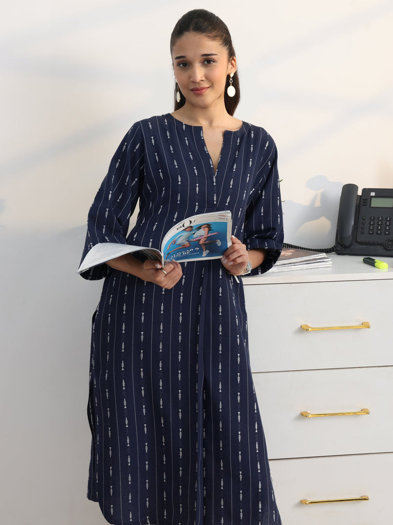 Gerua Navy Woven Design Cotton Blend Straight Kurta