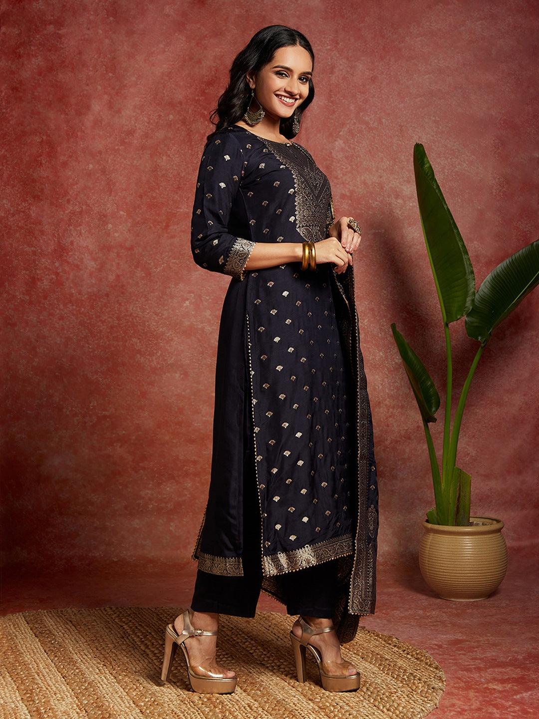 Navy Blue Woven Design Silk Straight Suit With Dupatta