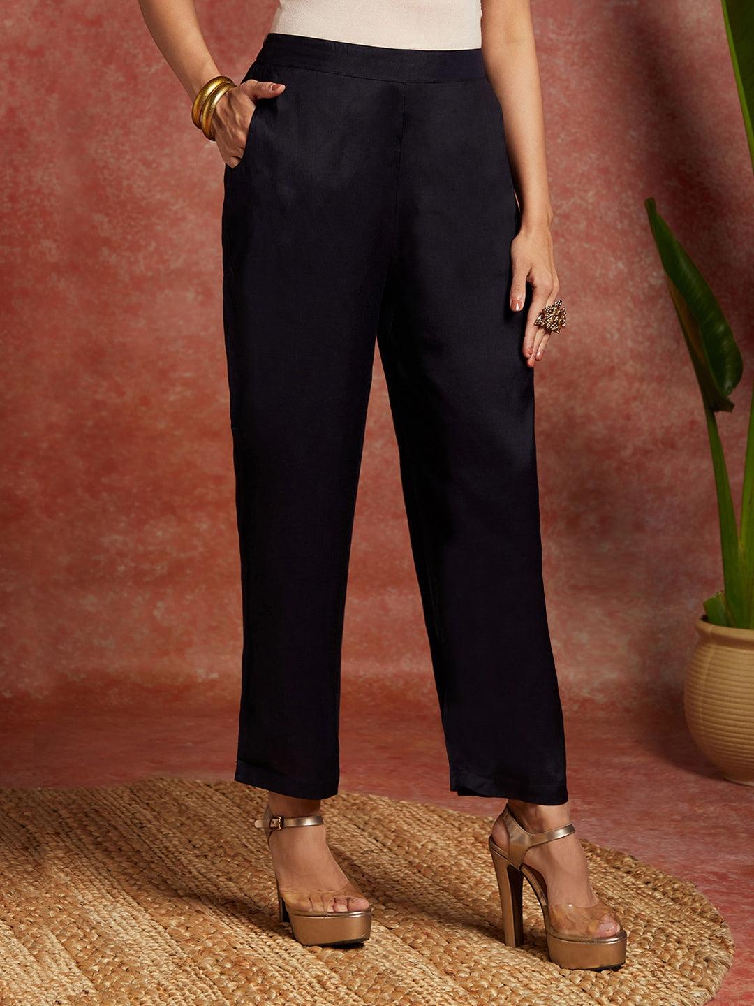 Navy Woven Design Silk Straight Kurta With Trousers & Dupatta - Libas