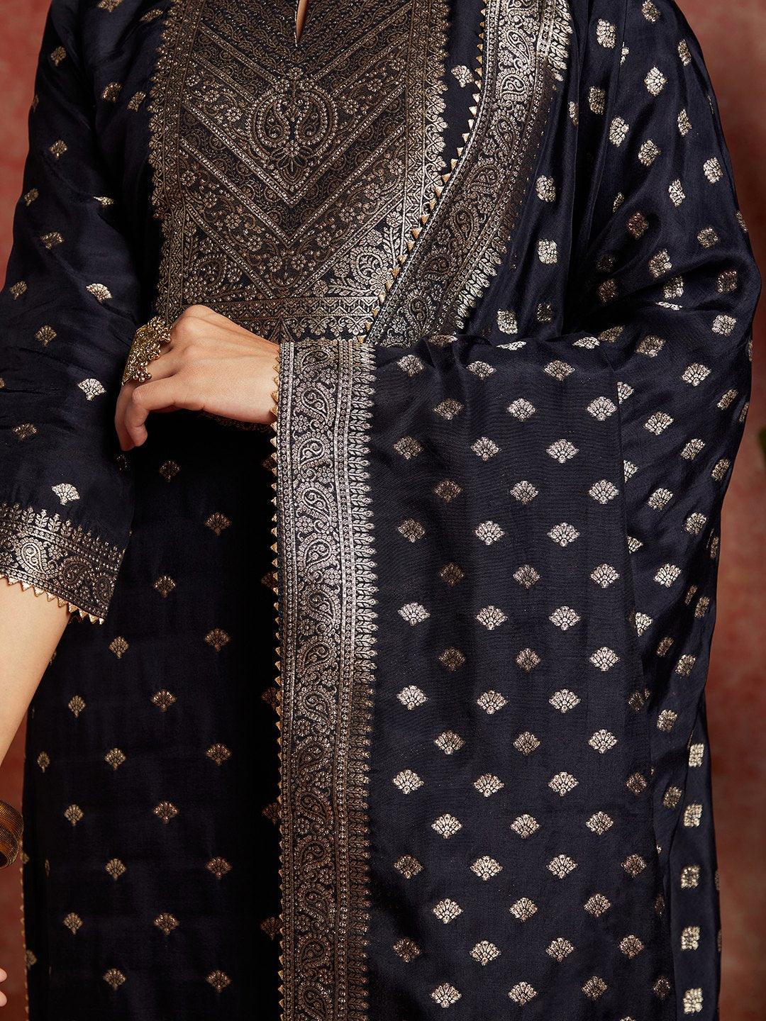 Navy Blue Woven Design Silk Straight Suit With Dupatta