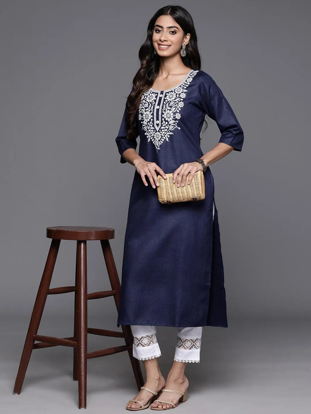 Navy Yoke Design Cotton Straight Kurta - Libas