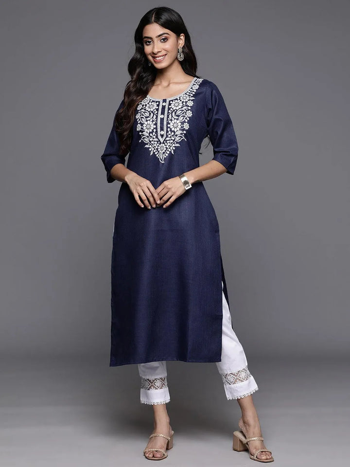 Navy Yoke Design Cotton Straight Kurta - Libas