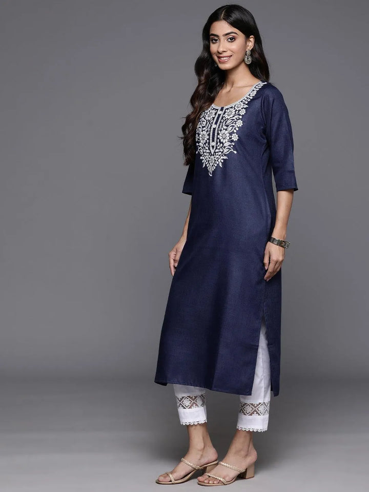 Navy Yoke Design Cotton Straight Kurta - Libas