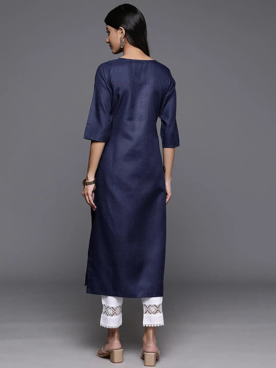 Navy Yoke Design Cotton Straight Kurta - Libas 