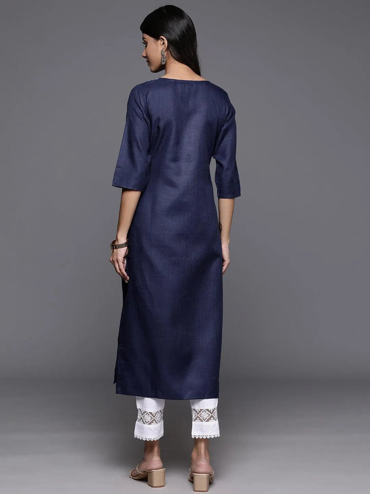 Navy Yoke Design Cotton Straight Kurta - Libas