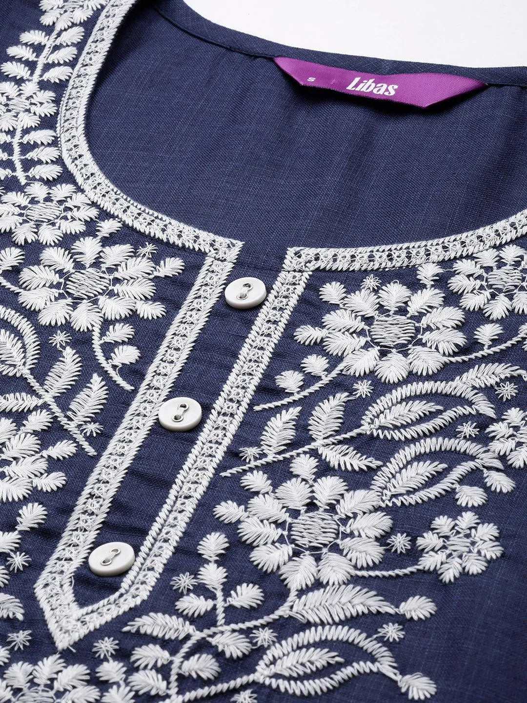 Navy Yoke Design Cotton Straight Kurta - Libas 