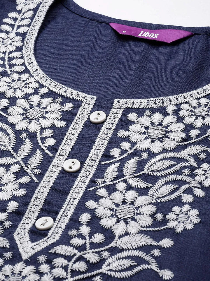 Navy Yoke Design Cotton Straight Kurta - Libas
