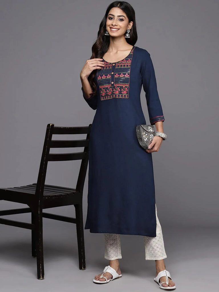 Libas Navy Yoke Design Rayon Straight Kurta