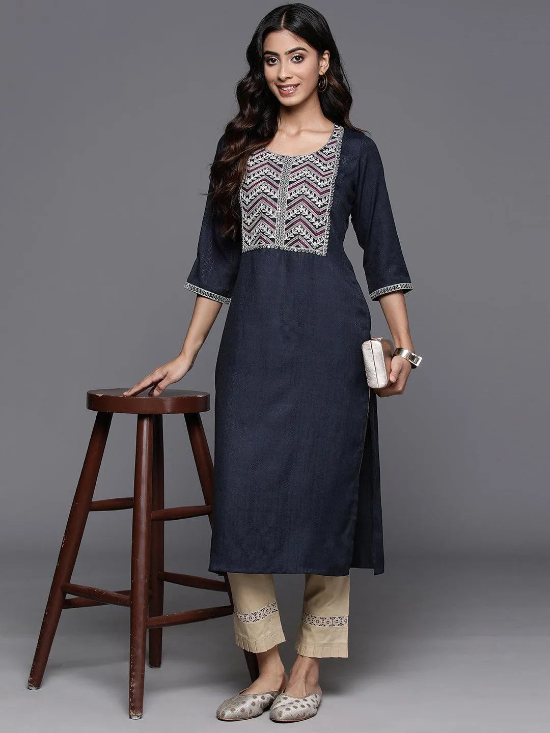 Navy Yoke Design Rayon Straight Kurta - Libas 